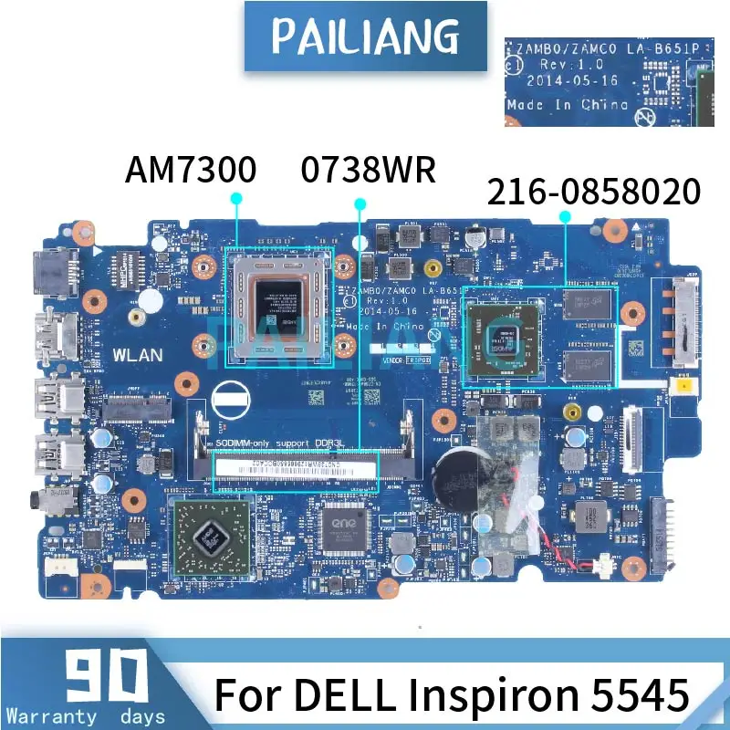 

For DELL Inspiron 5545 AM7300 Laptop Motherboard 0738WR LA-B651P A10-7300 216-0858020 DDR3 Notebook Mainboard