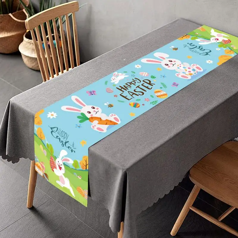 Happy Easter Table Runner Holiday Cute Rabbit Kitchen Dining Tabletop Decoration Seasonal Spring Holiday Kitchen Dining Table