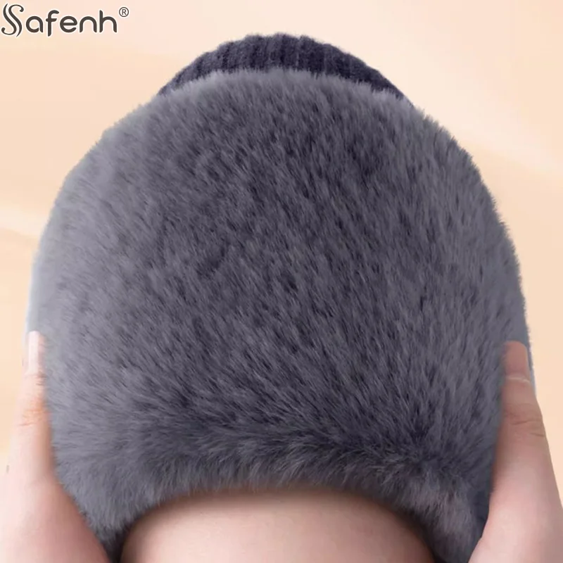 1 paio di ginocchiere in cashmere di pelliccia di coniglio nero, grigio inverno anziani gamba fredda artriti ginocchiera termica tenere al caldo protezione del ginocchio spessa