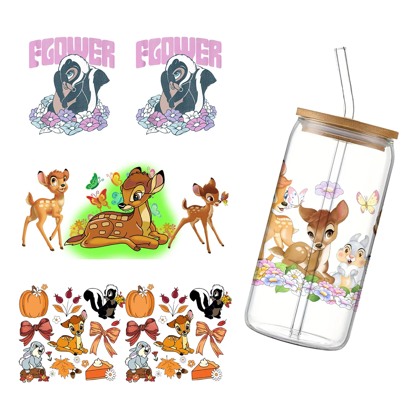 بامبي 11x24 سنتيمتر الكرتون ديزني كأس التفاف ملصق 16 أوقية UV DTF ملصق مضاد للمياه يمكن Libbey الزجاج التفاف ل هدية حفلة