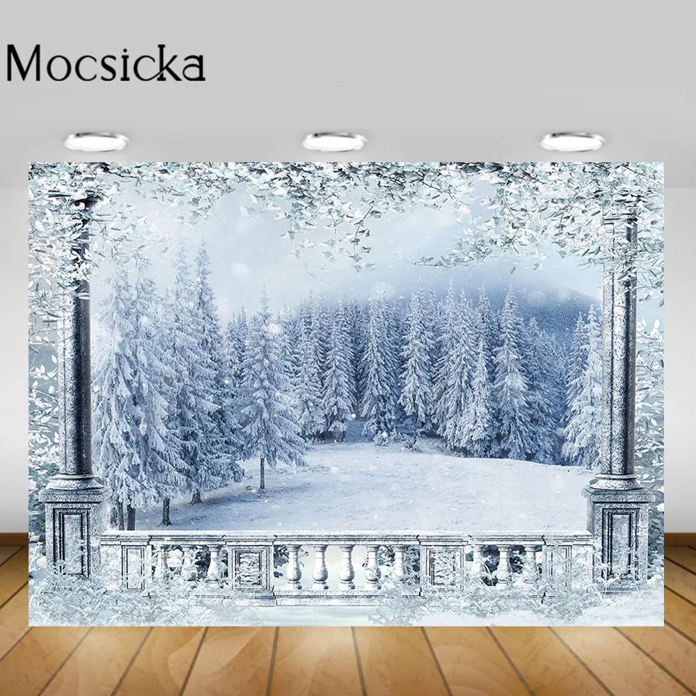 

Mocsicka Winter Forest Photo Background Wallpaper Snow Scene Xmas Trees Newborn Birthday Background Studio Photography Photocall