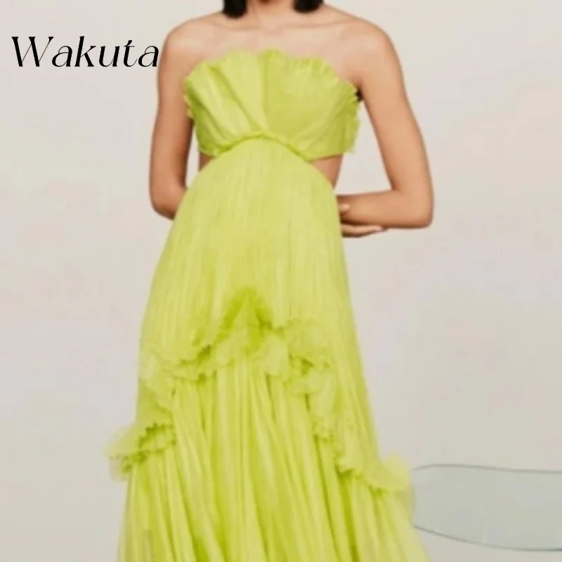 Fashion Neon Green Women Party Robe Strapless Ruffled Off Shoulder Tulle Maxi Dress Sexy Fluorescent Color Prom Homecoming Gowns