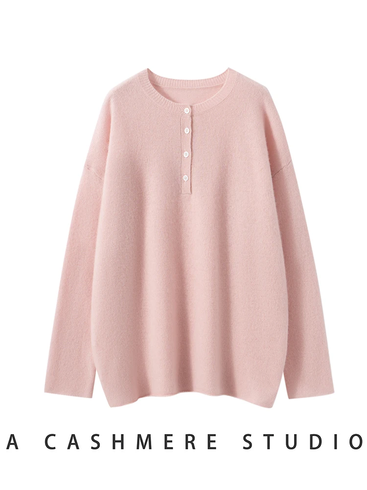 TLOML جديد المرأة 100% سترة الكشمير المعنقة س الرقبة نصف أزرار البلوز الكشمير تريكو ربيع الخريف لينة الدافئة فضفاض بلايز عادية