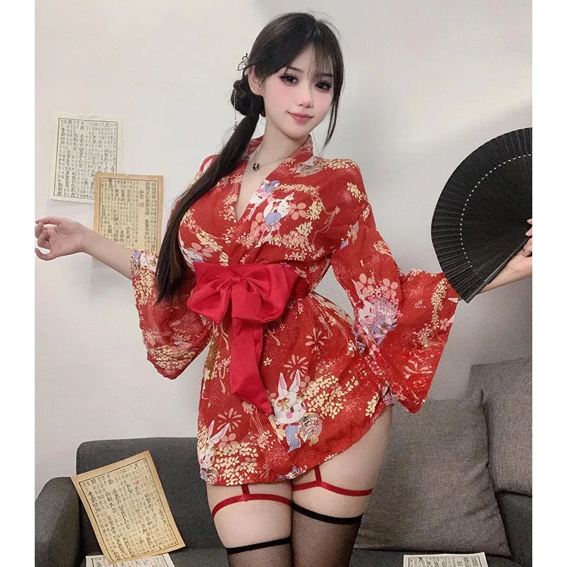 Bata tipo kimono japonesa para mujer, vestido de lencería, cárdigan Sakura, camisones sexys con lazo grande, albornoz Kawaii, ropa para el hogar con Pantya