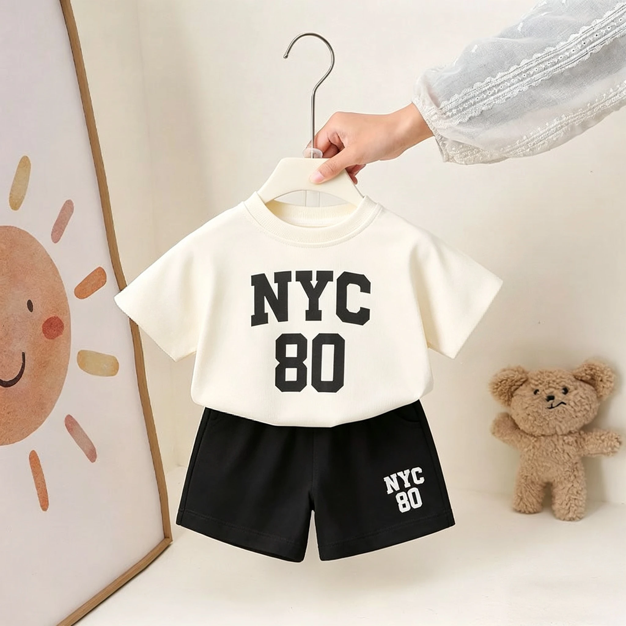 Boutique Kinderkleidung Set Sommer-Outfit Bedrucktes T-Shirt Shorts Lässiges Zweiteiler-Set Kinder-Kostüm Trainingsanzüge Mädchen Jungen Sets – Detail 5