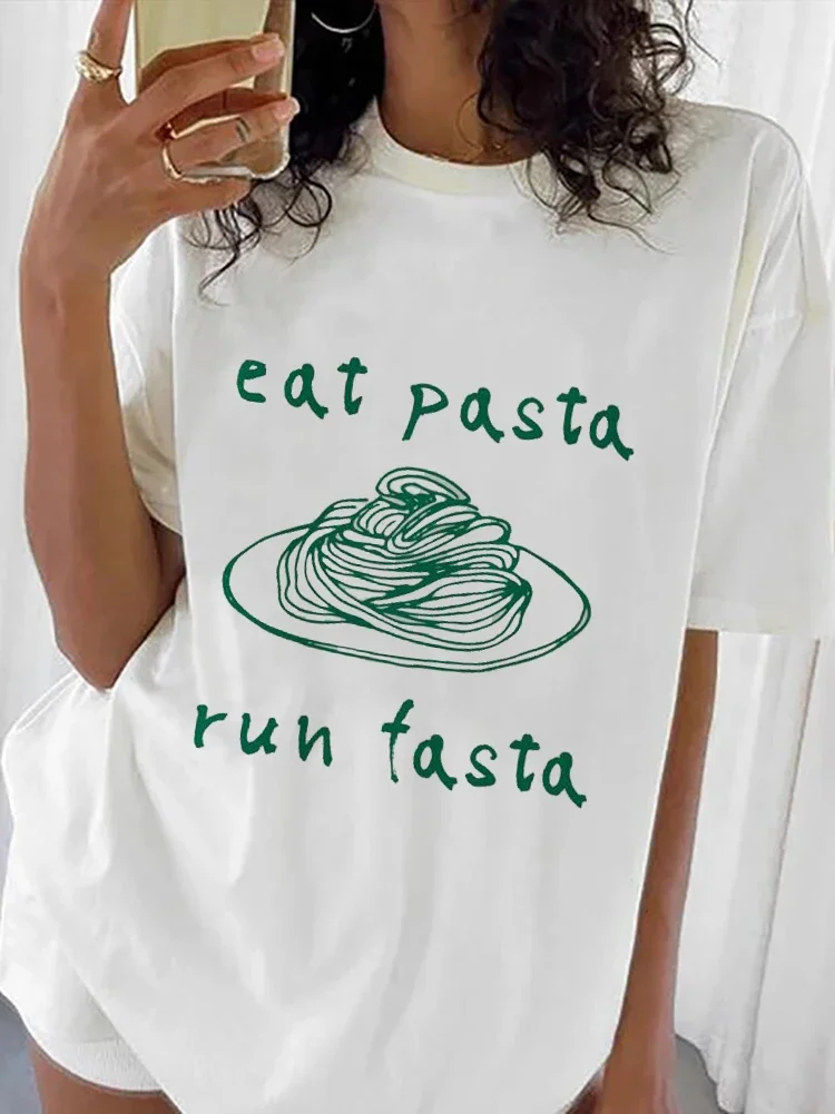 Eat Pasta Run Fasta T-Shirt Summer Cute Print Cartoon Fun Print Pattern 2024 Women's Fashion Style Clothing Beach Top T-Shirt.