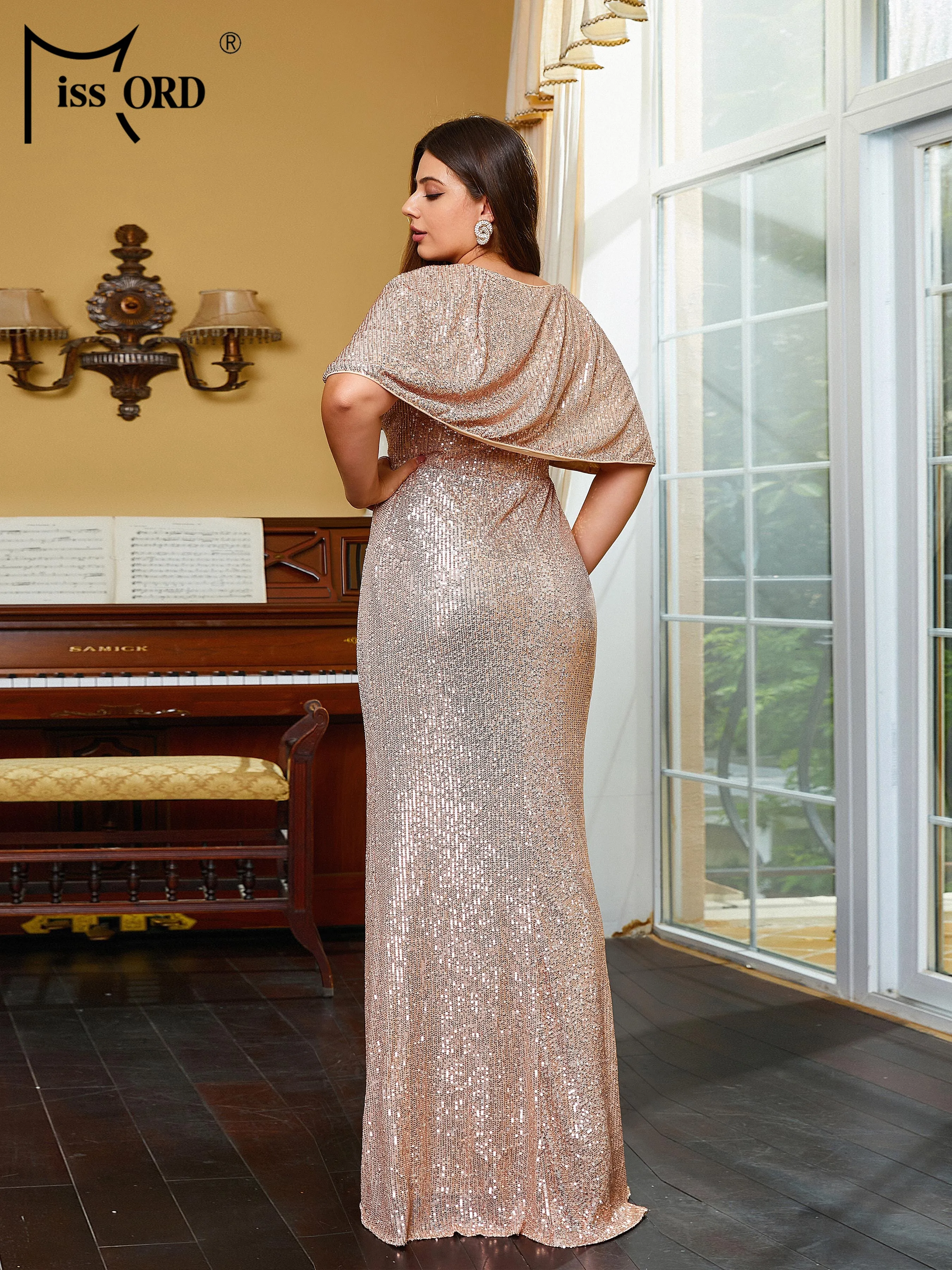 Missord Plus Size V-neck Batwing Sleeve Gold Sequin Mermaid Evening Prom Party Formal Occasion Dresses