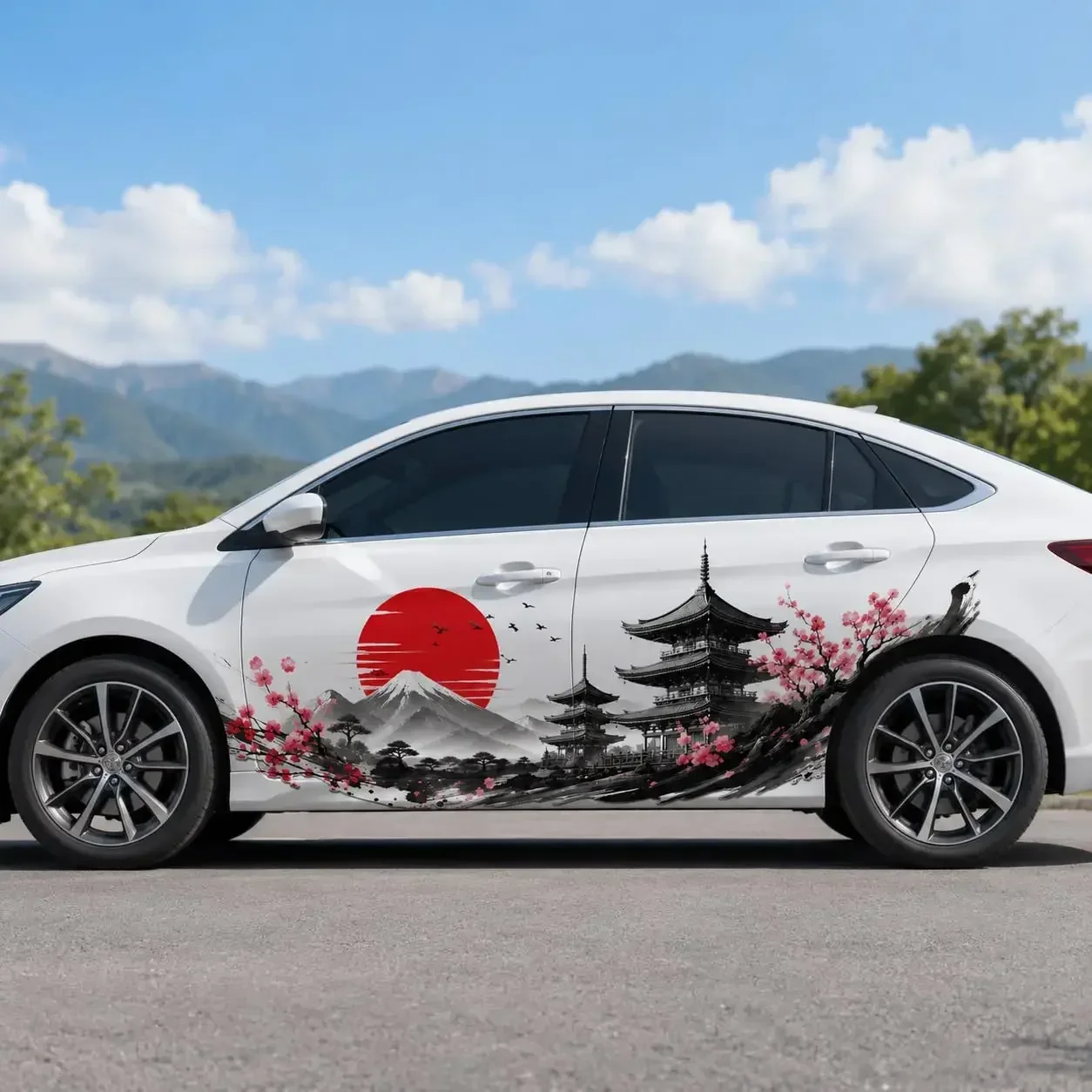 2PCS Japanese Pagoda Red Sun Car Side Decals, Waterproof UV Resistant Cherry Blossom Vinyl Stickers for Cars Trucks SUV