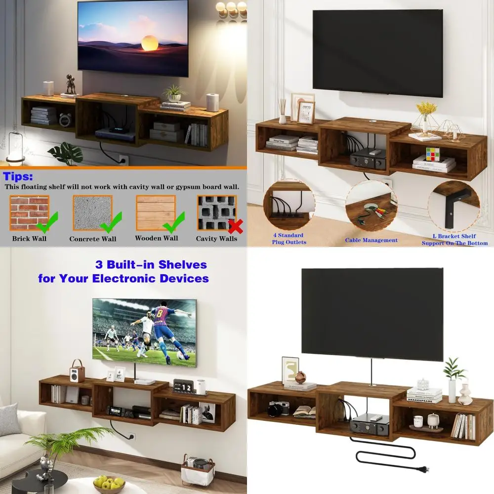 

Rustic Brown Wall-Mounted TV Stand with Power Outlet, Media Shelf, and Storage for Living Room, Bedroom, or Office