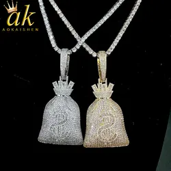 Aokaishen Money Bag Pendant Gold Color Bling Cubic Zircon Men's Hip Hop Necklace Jewelry