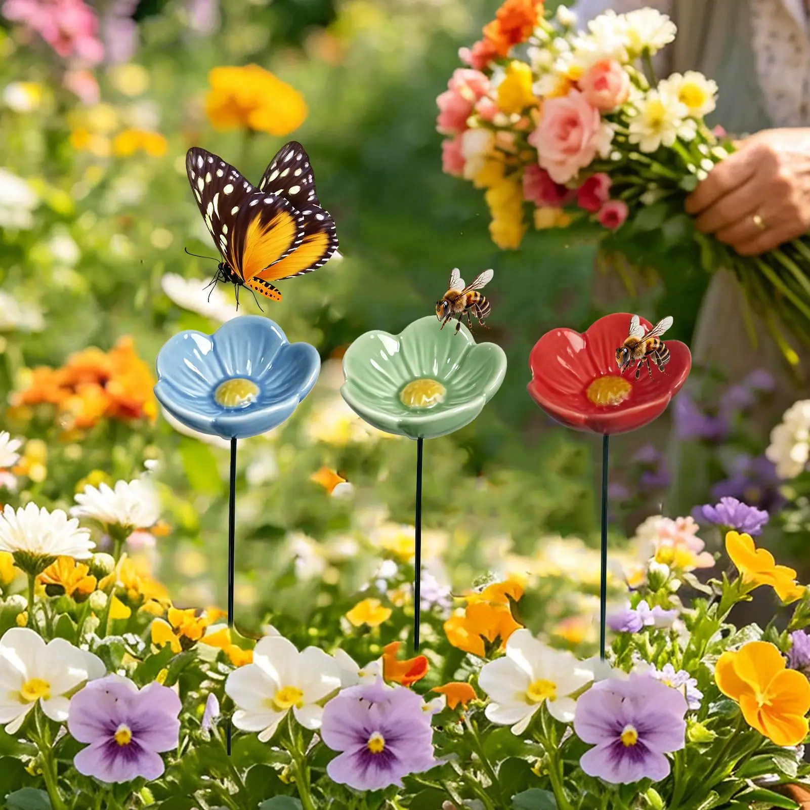 Blumenförmige Bienen-Wasserstation aus Keramik, Blumengarten-Pfahl, Vogelbad, Schmetterlings-Wasserspender, Garten-Vogelbad-Schalen