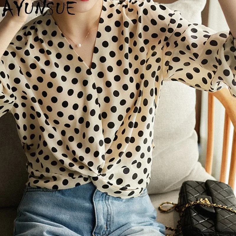 

AYUNSUE 100% Mulberry Silk Women's Blouses and Shirts French Retro Shirt Long Sleeve Tops for Woman Commuting Woman Clothes블라우스