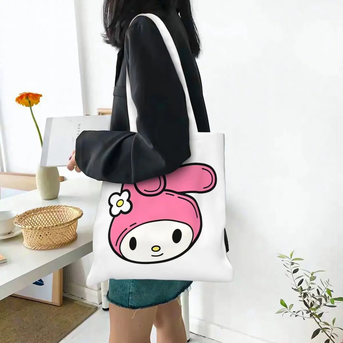 Happy Melody Sanrio Kawaii HelloKitty Anime Tote Bags Women Handbag Canvas College Shoulder Bag Printed Grocery Bag