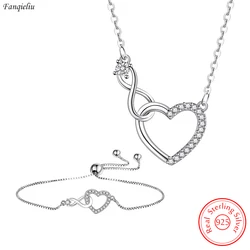 Real 925 Sterling Silver Crystal Zircon Heart Necklace Bracelet New Fashion Jewelry Set For Women FQL23040