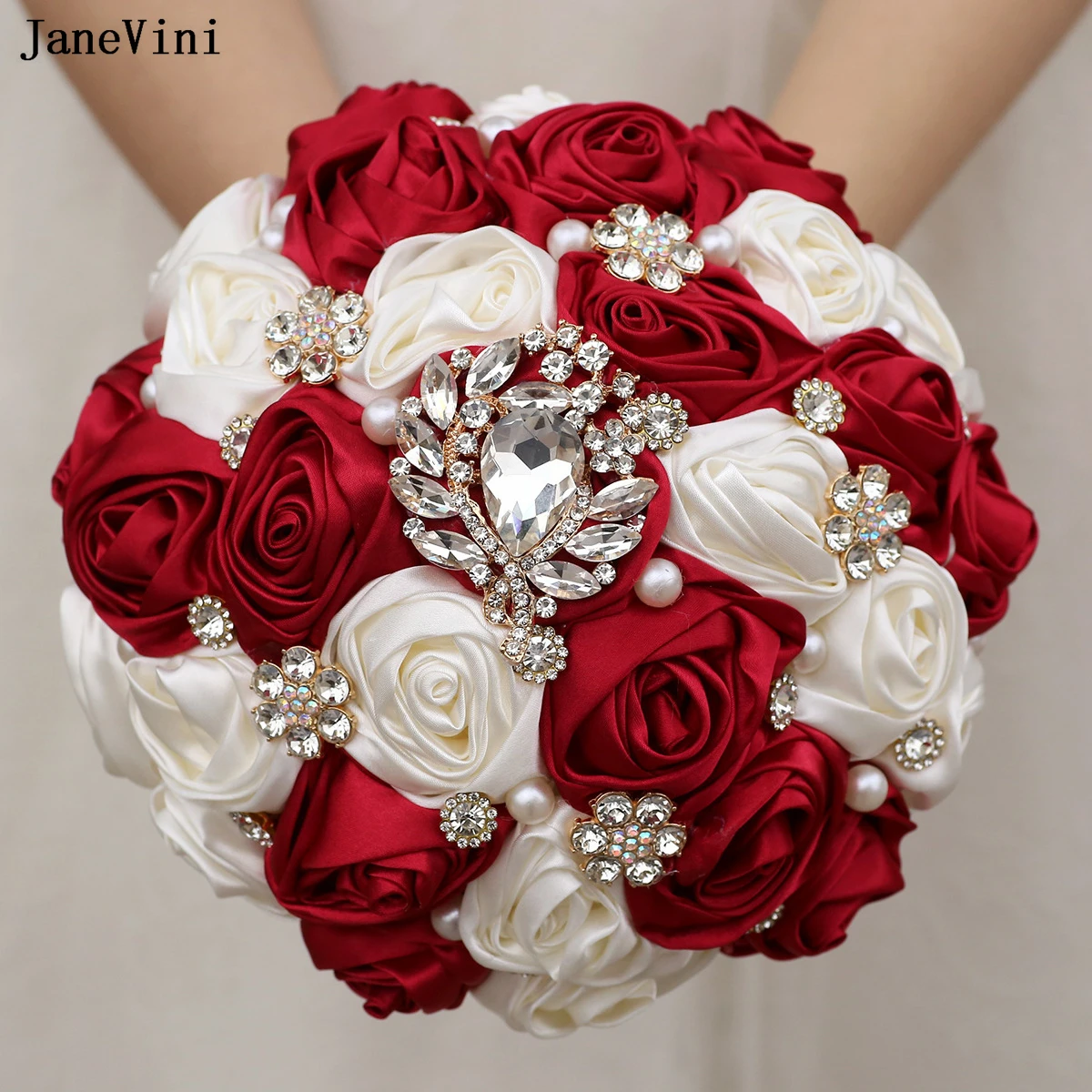 JaneVini New 2025 Burgundy Ivory Bridal Bouquets Sparkly Rhinestones Pearls Artificial Satin Roses Wedding Bride Holding Flowers