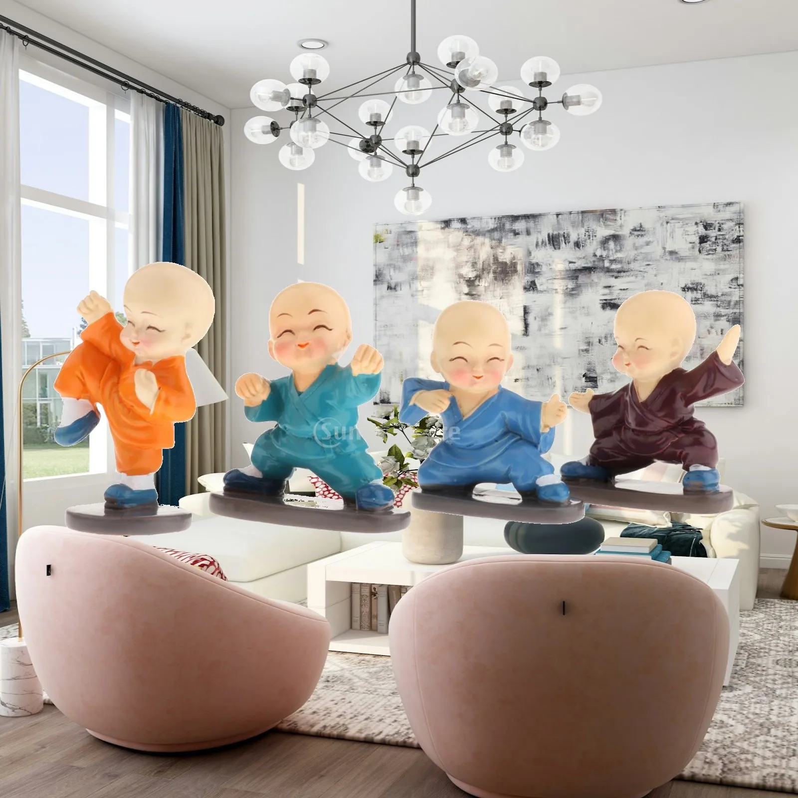 Small Resin Monk Figurines 4 Pack for Car Dashboard Home Shelf Decorative Buddhist Statue Miniature Art Ornament