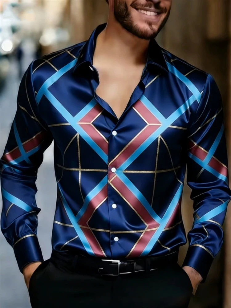 Men's silky satin geometric diamond print long sleeved shirt, light luxury banquet party lapel business casual shirt