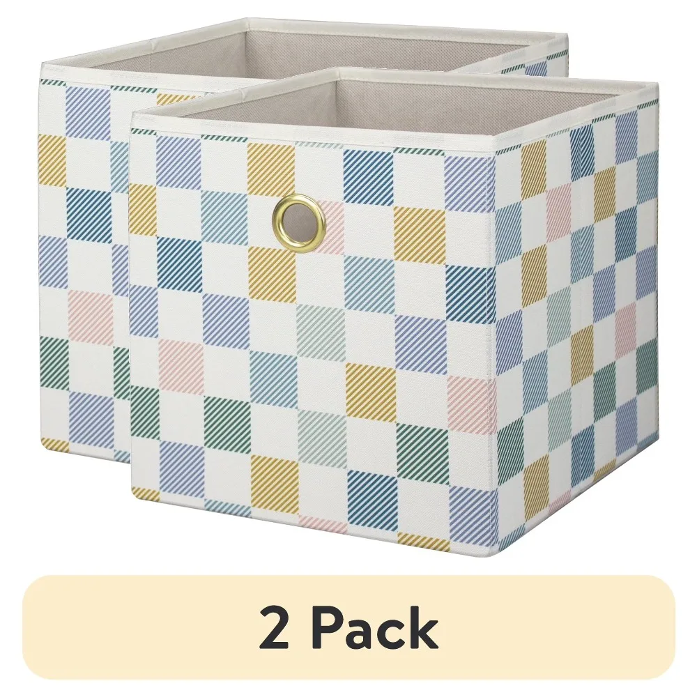 Collapsible Fabric Cube Storage Bin, Multi Check, Closet Organizer with Metal Handle, 10.5 Inch, Pack of 2