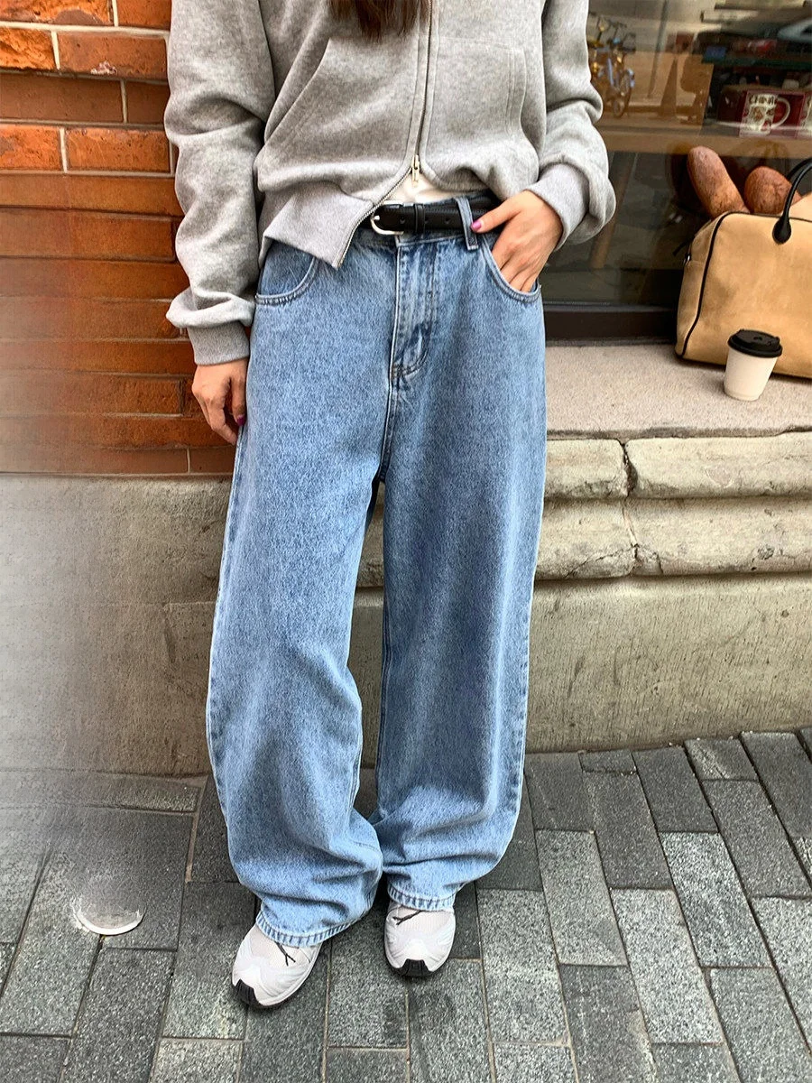 

CCKOK Dad Style High Waist Wide Leg Casual Jeans Women's Pure Color Washed Autumn Straight Leg Versatile Loose Fit Pants