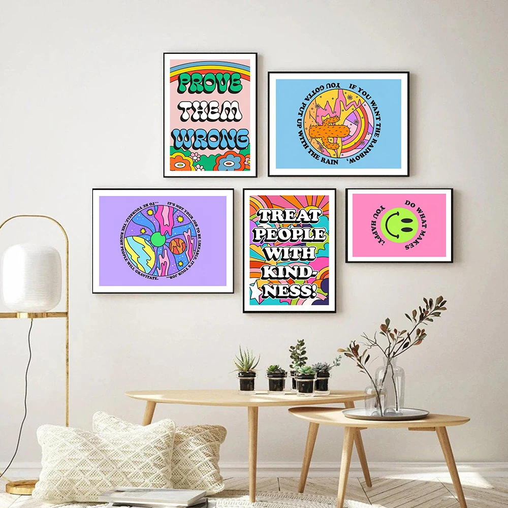 Dolly Rainbow Smiley Canvas Print Art Poster Kindness Colorful Positive Quote Abstract Disco Wall Picture Living Room Home Decor