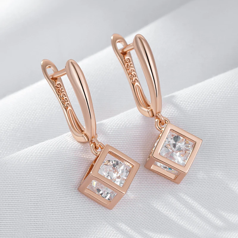 Kinel Hot Simple Hollow Square Dangle Earrings For Women 585 Rose Gold Color Natural Zircon Accessories Daily Fine Jewelry