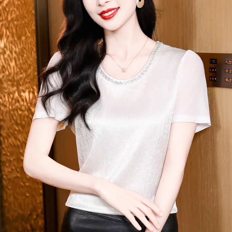 Sommer Neue Koreanische Sexy Oansatz Glänzenden Diamanten frauen T-Shirt Mode Dünne Kurzarm Tops Elegante Weibliche Casual Tees Blusas