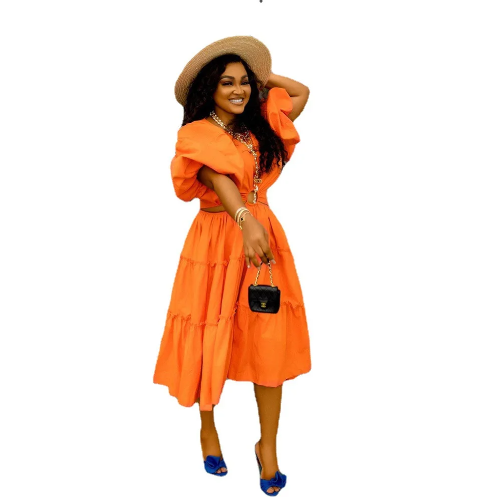 African Dresses for Women Spring Autumn African Women Orange Cotton Short Sleeve Knee-length Dress African Clothes Women