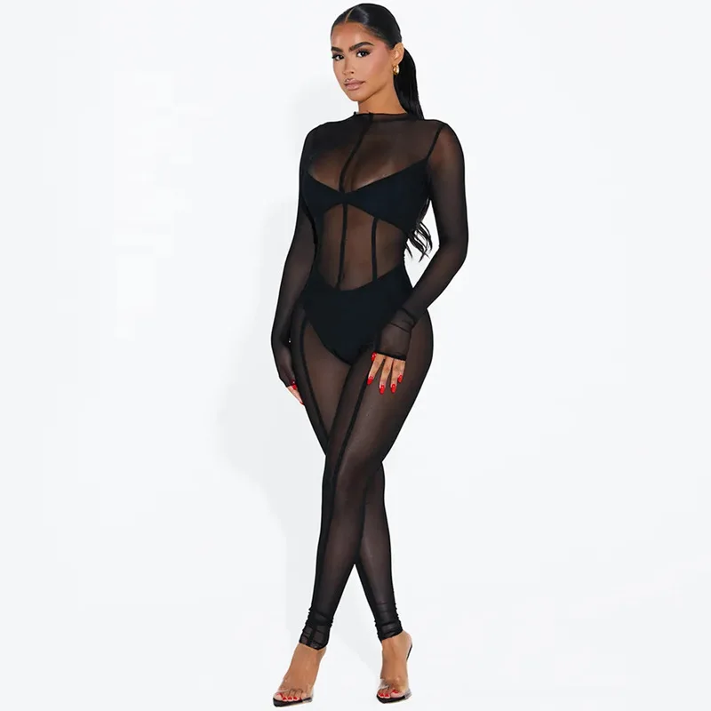 European and American Style Long Sleeved Mesh Pants Summer New Women\'s Sexy See Through Jumpsuit