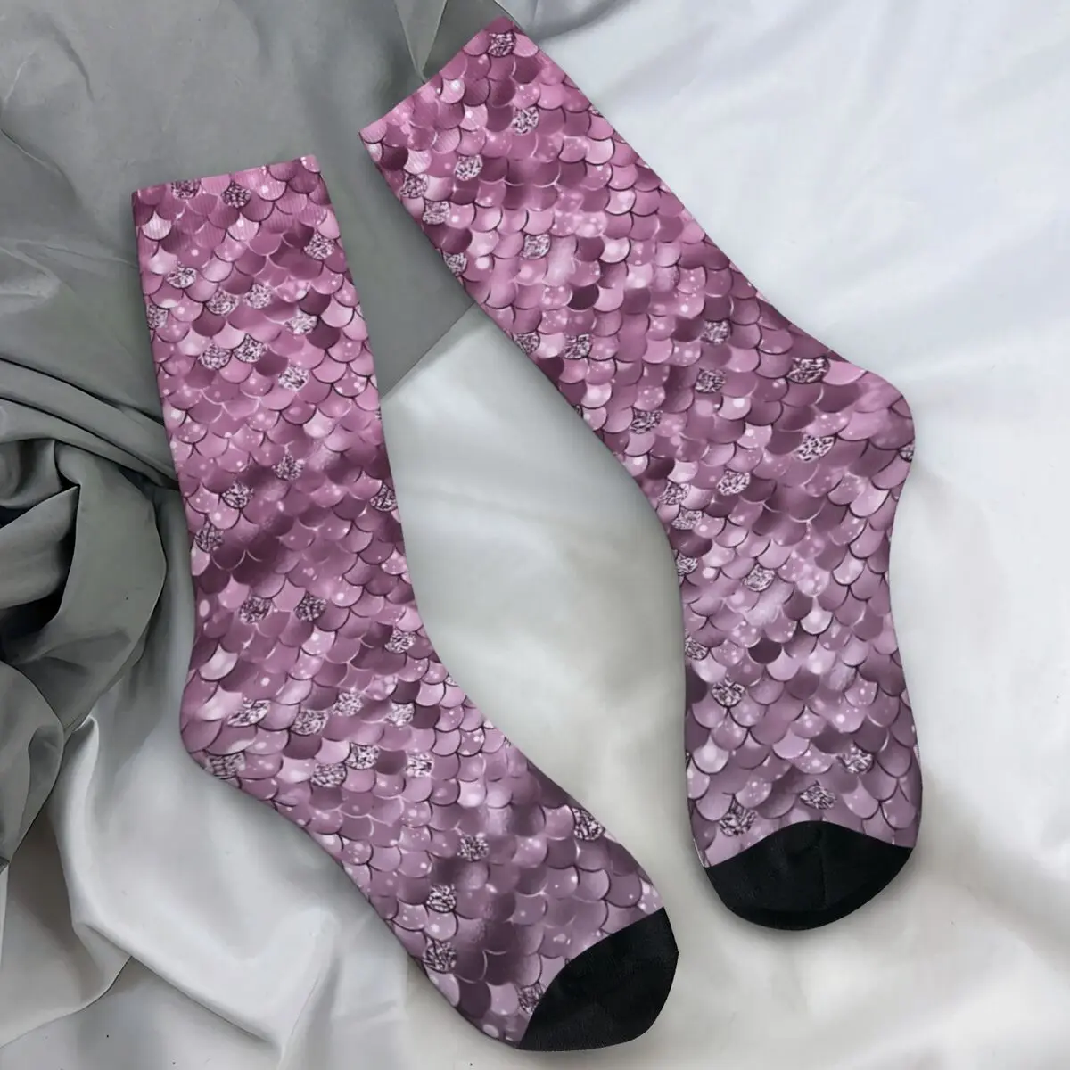

Фиолетовые блестящие чулки с рисунком чешуи русалки, носки для взрослых и мужчин, современные носки, осенние спортивные нескользящие дизайнерские носки для бега, подарок