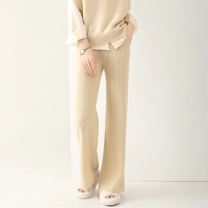100% Merino Wool Women's Autumn Winter Casual Fashion Solid Color Simple Wool Knitted Wide Leg Pants