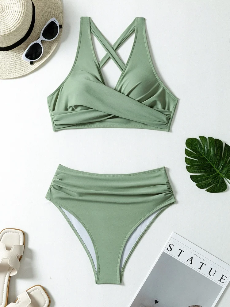 Bikini Women Swimsuit 2026 New Solid Sling V Neck Bikinis Set Sexy High Waist Swimwear Summer Beachwear Bathing Suit For Female