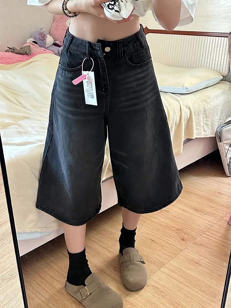 Cintura alta perna larga jeans feminino sle sete pés bla denim casual cintura alta solto ajuste anti-rugas jeans de verão