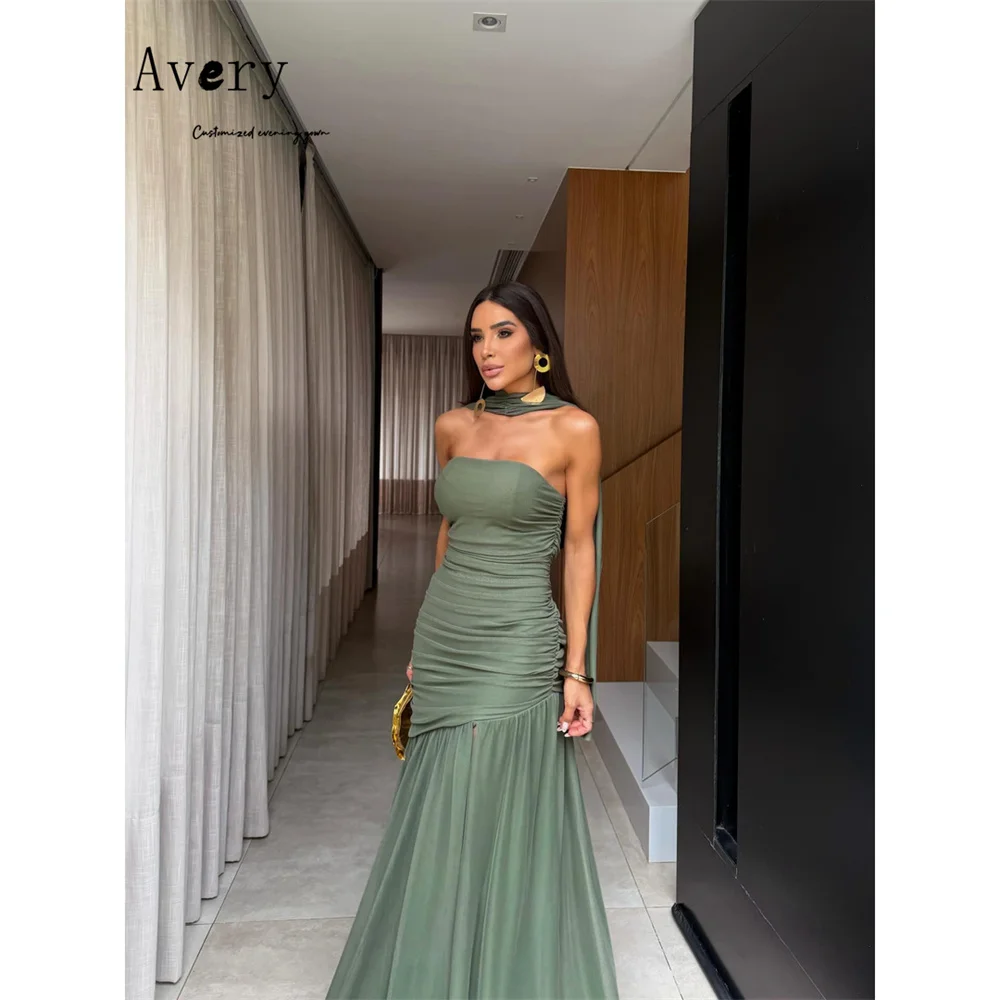 

Avery Custom Sleeveless Green Tube Top Side Slit Party Dress Woman Dresses for Wedding Party Women's Ball Gown Long Prom Dress