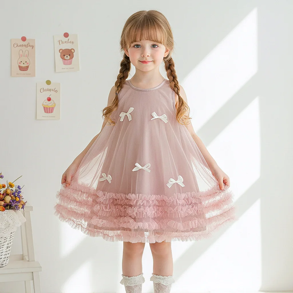 

Baby Girl Princess Dress Sweet Bow Mesh Puff Skirt New Celebrity Fashion and Beautiful Kids Pink Dress