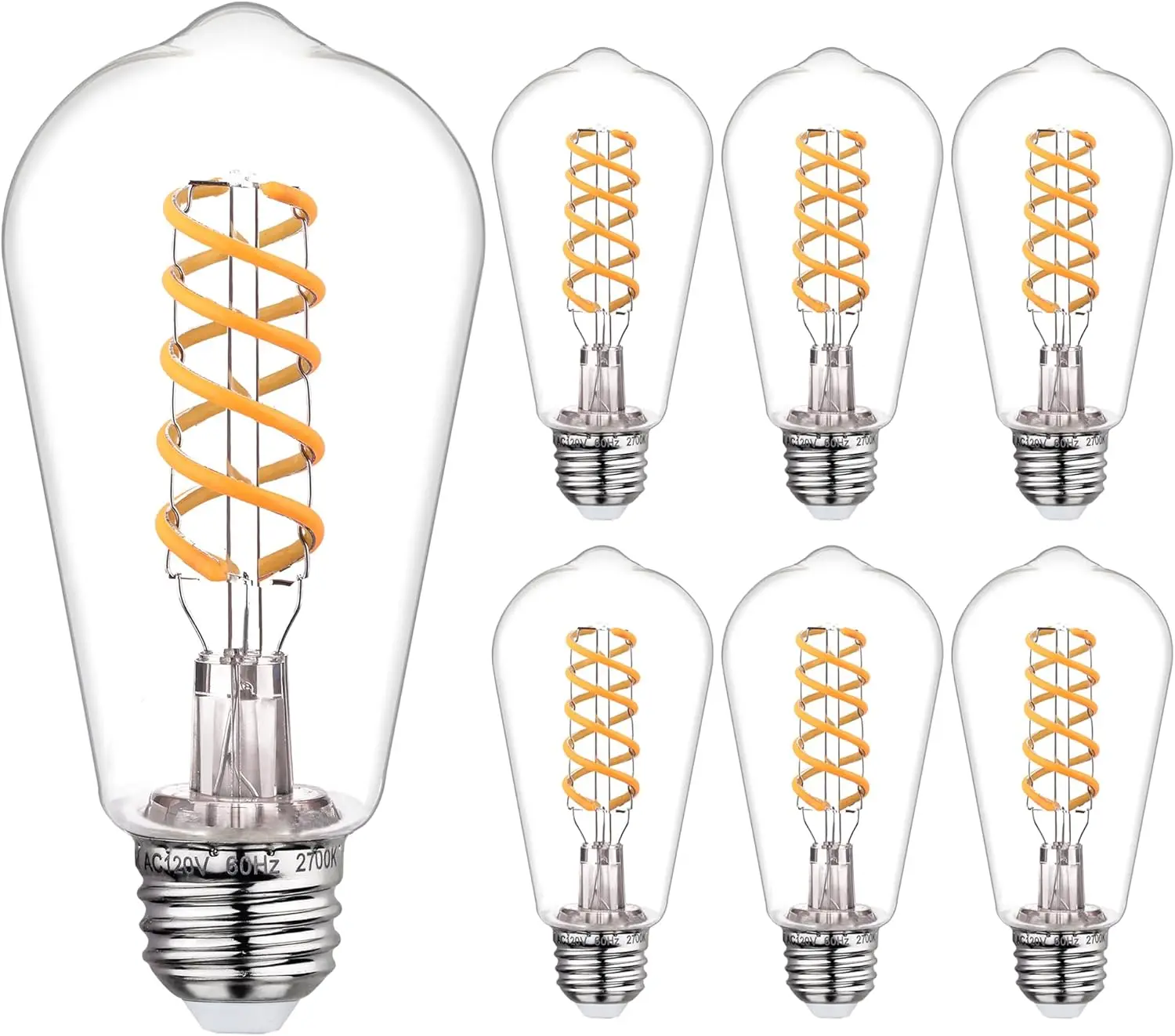 

6 Pcs Dimmable Vintage LED Edison Bulbs, 6W=60W, Warm White 2700K, Spiral Filament, 600 Lumens, E26 Base