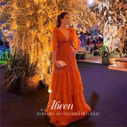 Aileen Burnt Orange Saudi Women Evening Dress Puff Sleeves Bridesmaid Woman Multi-layer Long Dresses for Wedding Party Prom 2023