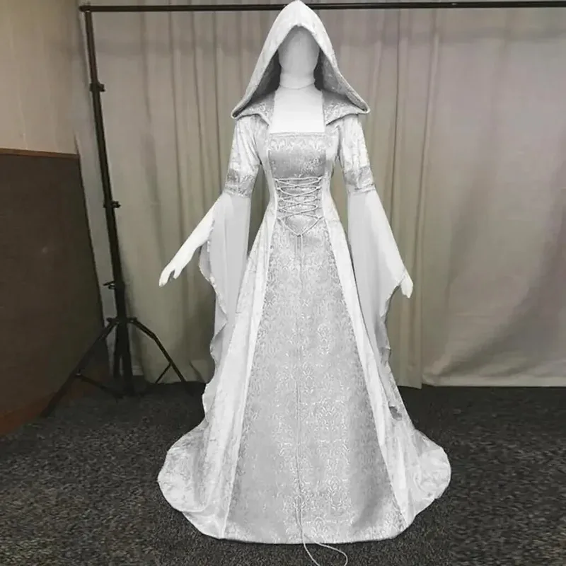 Abito da strega di lusso con cappuccio per donna, abito medievale rinascimentale, strascico maxi, costume da sposa, Halloween