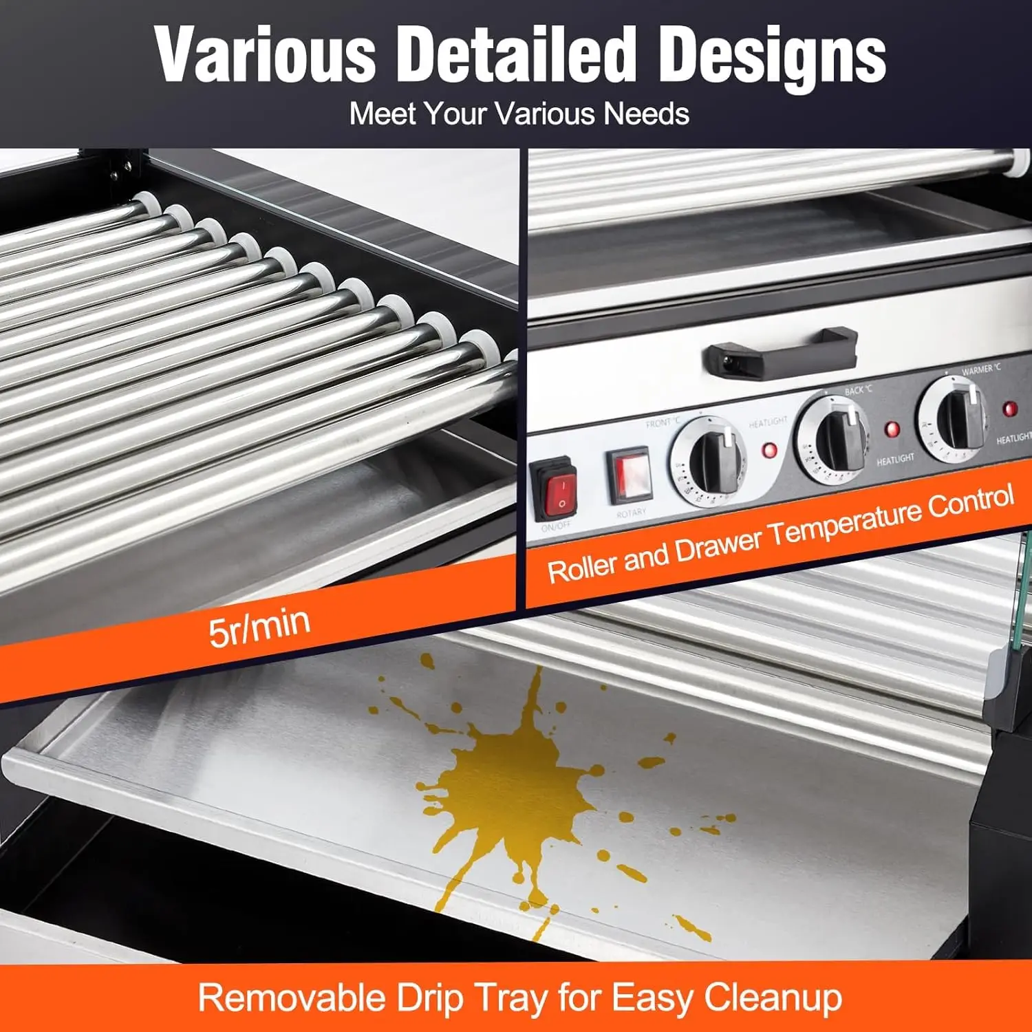 Hot Dog Roller,11 Rollers 30 Hot Dogs Capacity 1950W Hot Gog Roller Machine with Removable Oil Drip Tray Dual Temp Control