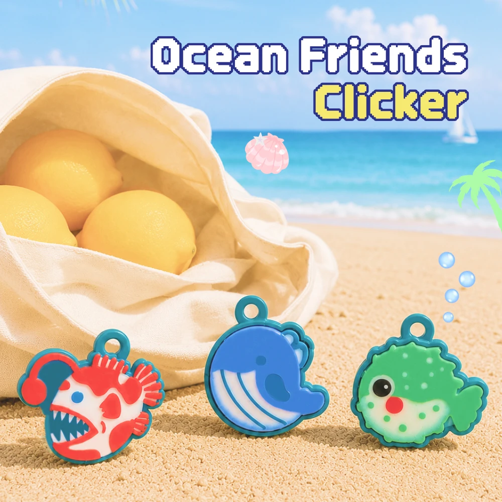 Ocean Friends Fidget Clicker Toy Cute Whale Puffer Angler Fish Silicone Click Keychain Stress Relief Sensory Toy Backpack