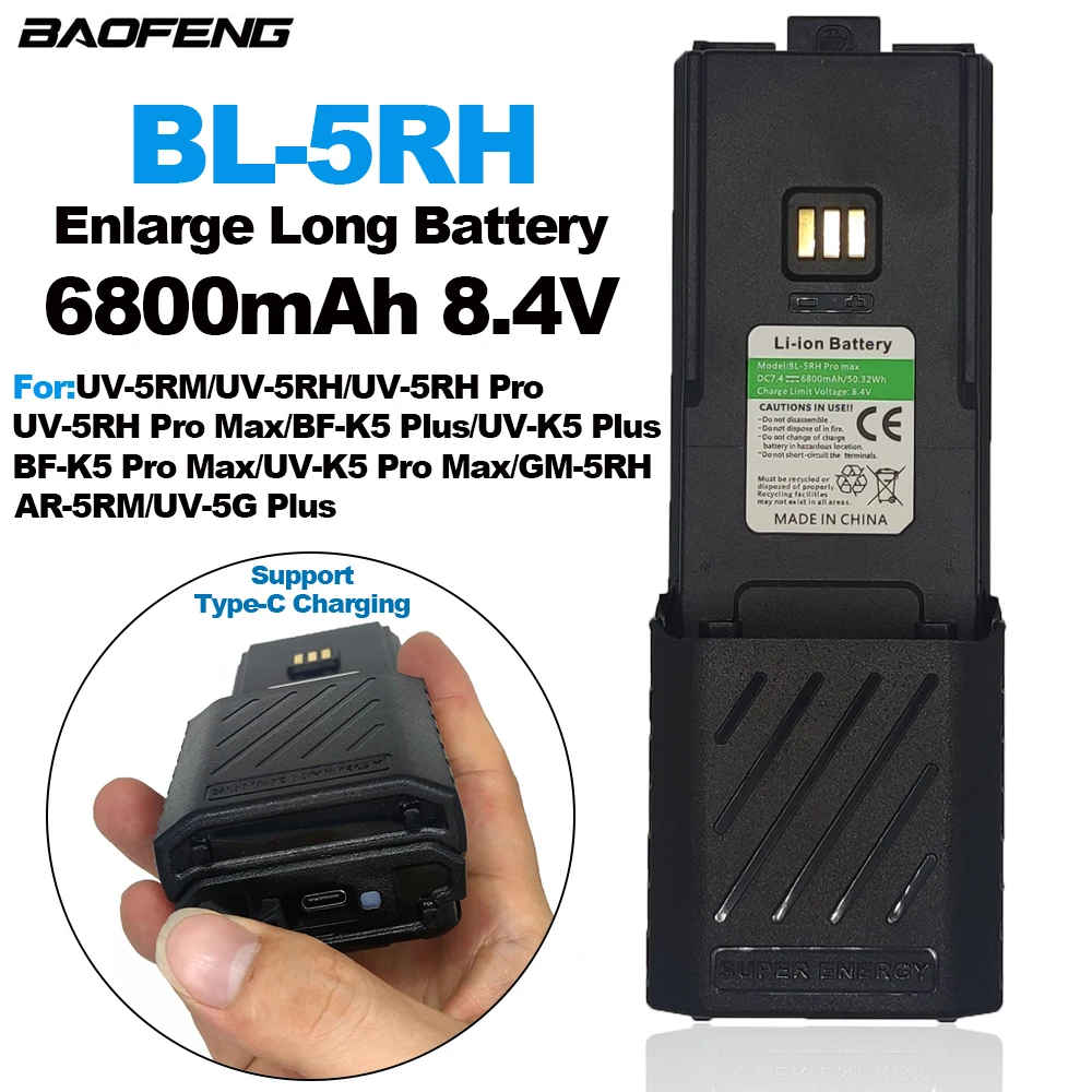 Batteria BAOFENG BL-5RH Plus 5200mAh Con Ricarica USB-C Per UV-5RM E K5PLUS!