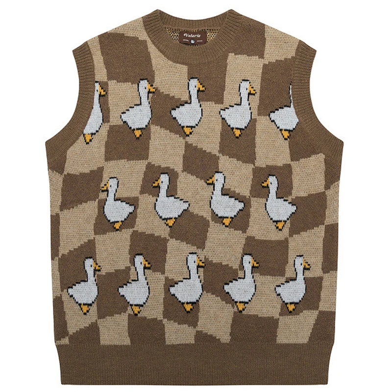 

Duck Jacquard Tank Top Mens Streetwear Color Block Sleeveless Vest Autumn V-neck Loose Casual Sweater Vest Unisex Mens Clothes