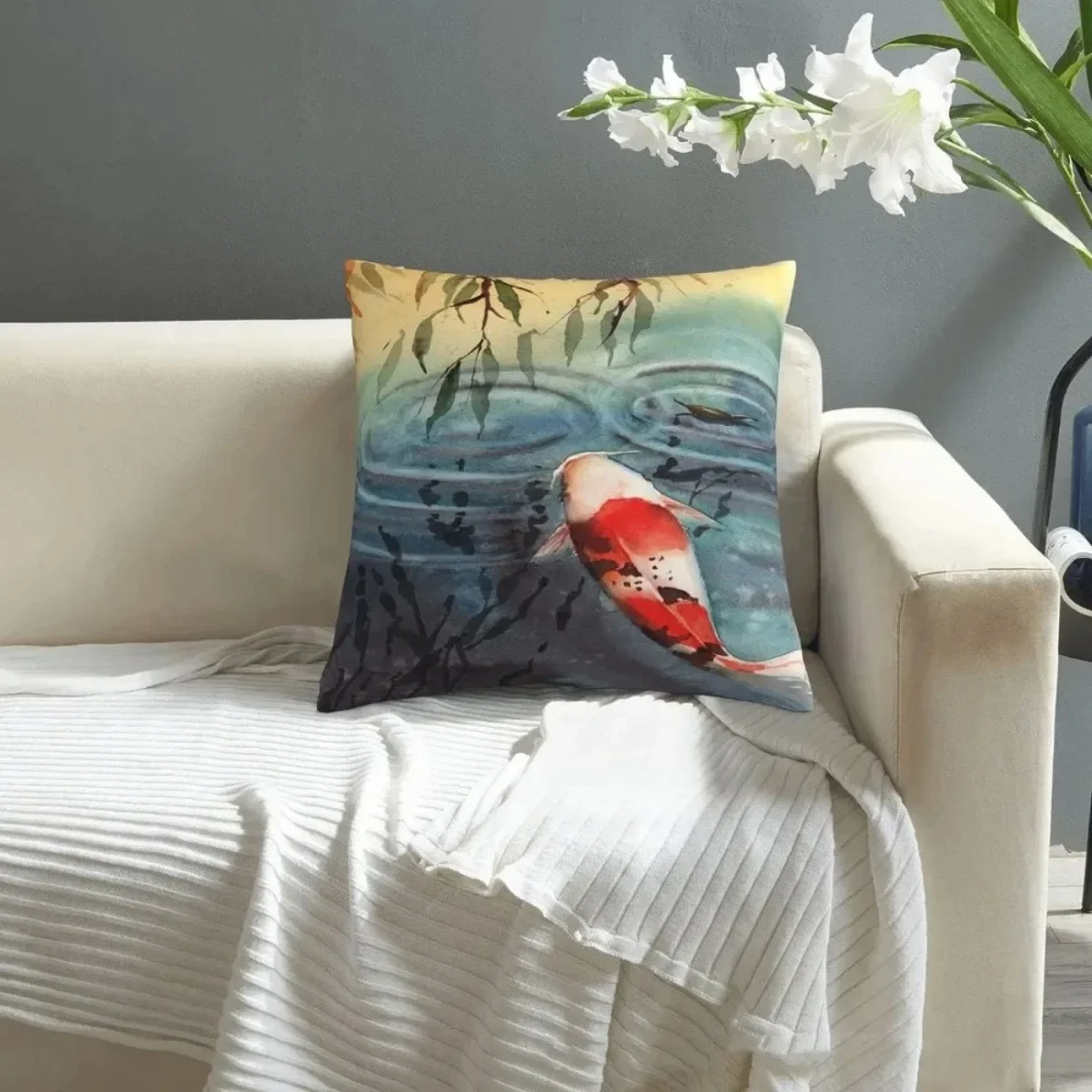 Throw Pillow Covers Koi Fish Water Lily Pond White Red Carp Ripples Square Pillowcase for Home Decor Sofa Car Bedroom 45x45cm