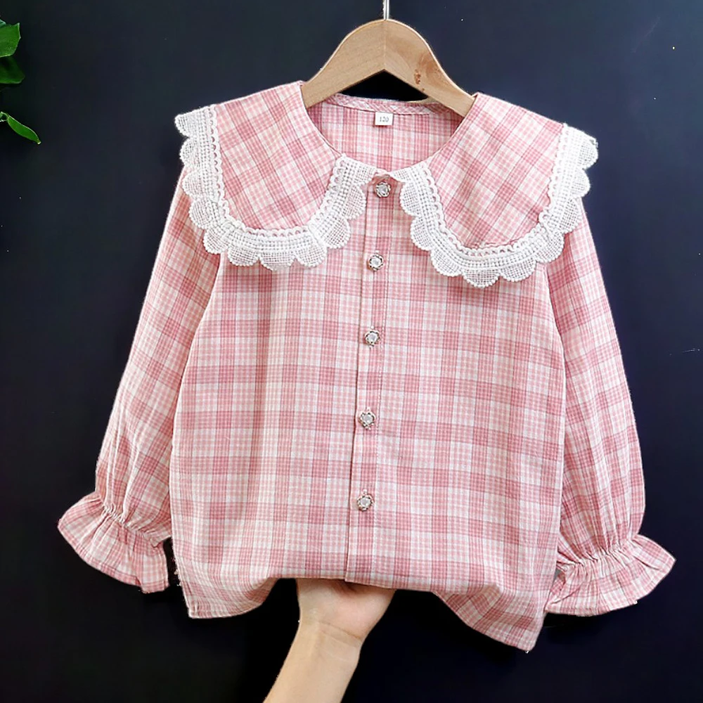 Baby Kids Outfits Girls Shirts Long Sleeve Pink Plaid Blouses School Uniform Tops Teenagers Children Costumes  5 7 9 10 12 Years