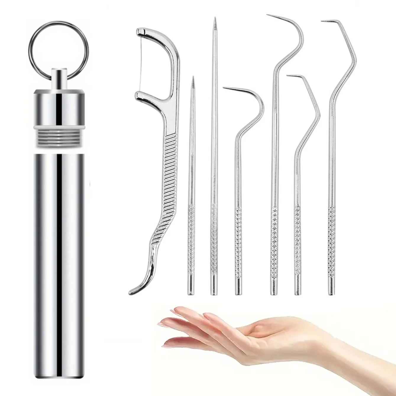 7 stücke Edelstahl Zahnstocher Set Wiederverwendbare Dental Flosser Picks Tragbare Hygienische Zähne Reinigung Werkzeuge Hause Mundpflege