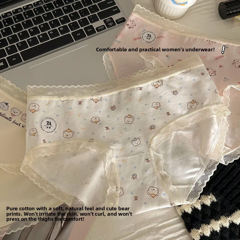 KUCLUT Soft Breathable Pure Cotton Antimicrobial Triangle Underwear for Women Cute Bear Pattern Comfortable Skin-Friendly Briefs