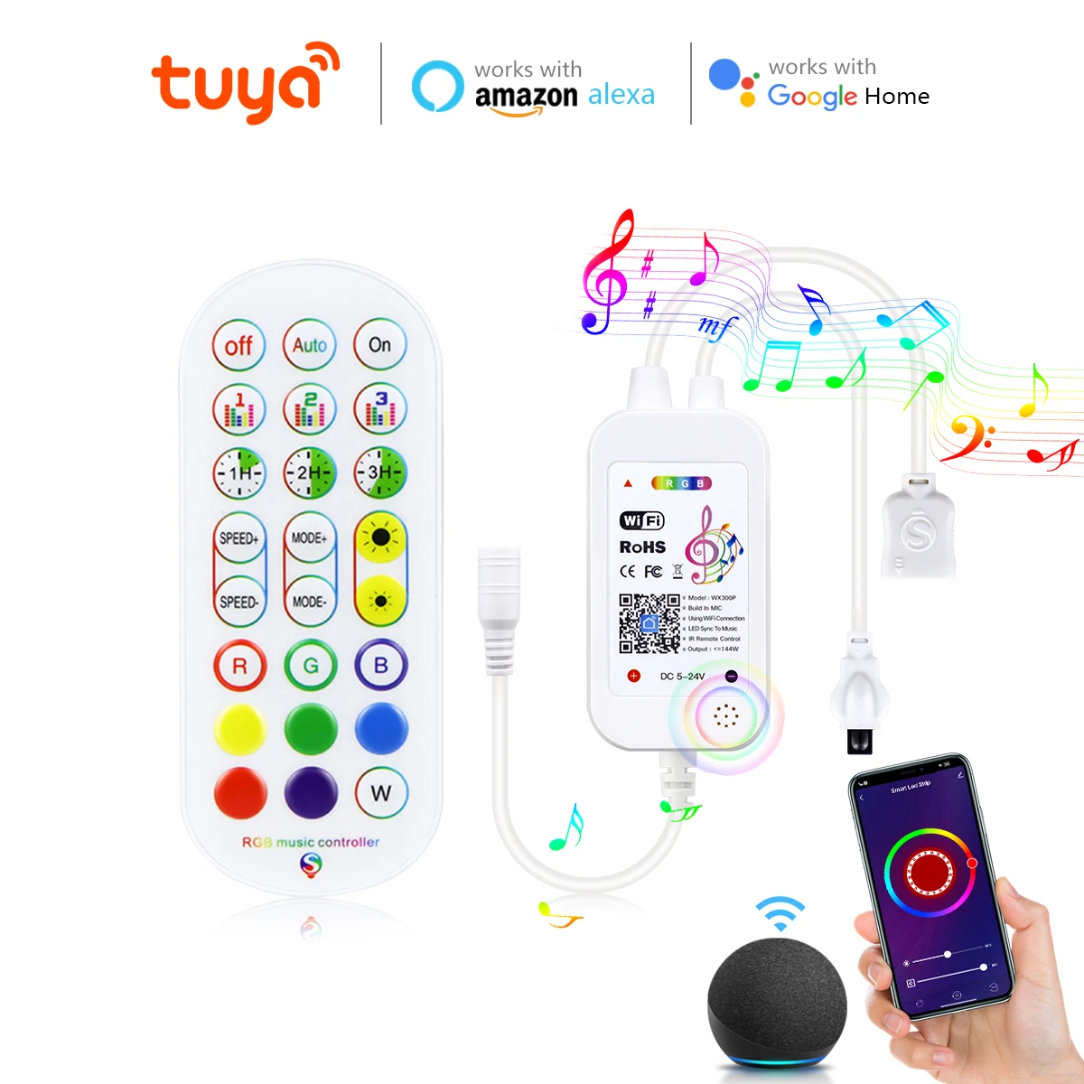 Tuya-Interruptor Dimmer Sem Fio, Luzes de Fita LED, WiFi, Controlador RGB, Microfone Integrado, Sincronização de Música, Alexa, Google Home, DC 5V-24V