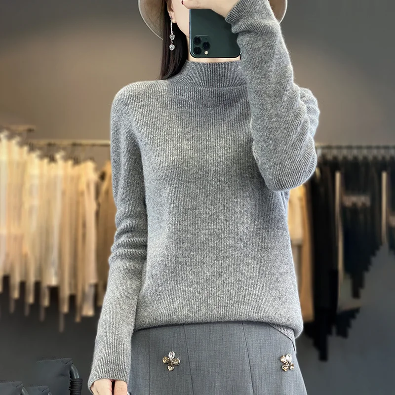 

Autumn Winter Women 100% Merino Wool Sweater Mock Neck Office Lady Pullover Multicolour Basic Casual Cashmere Knitwear Solid Top