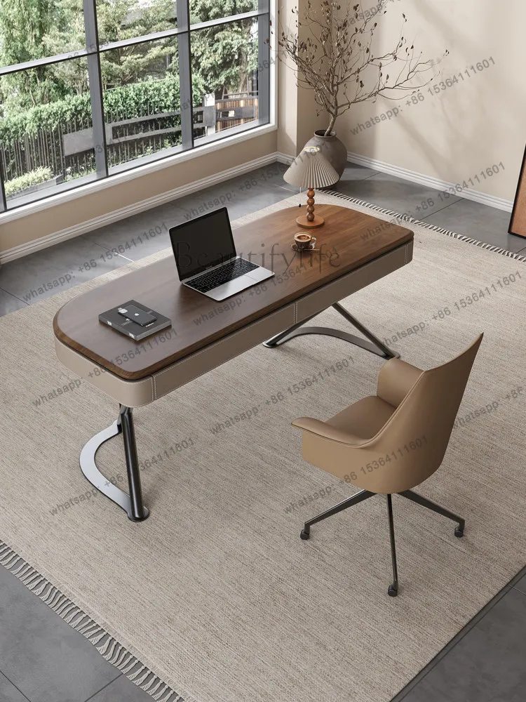 

High-end solid wood desk light luxury modern simple saddle leather home study bedroom walnut leather office computer desk