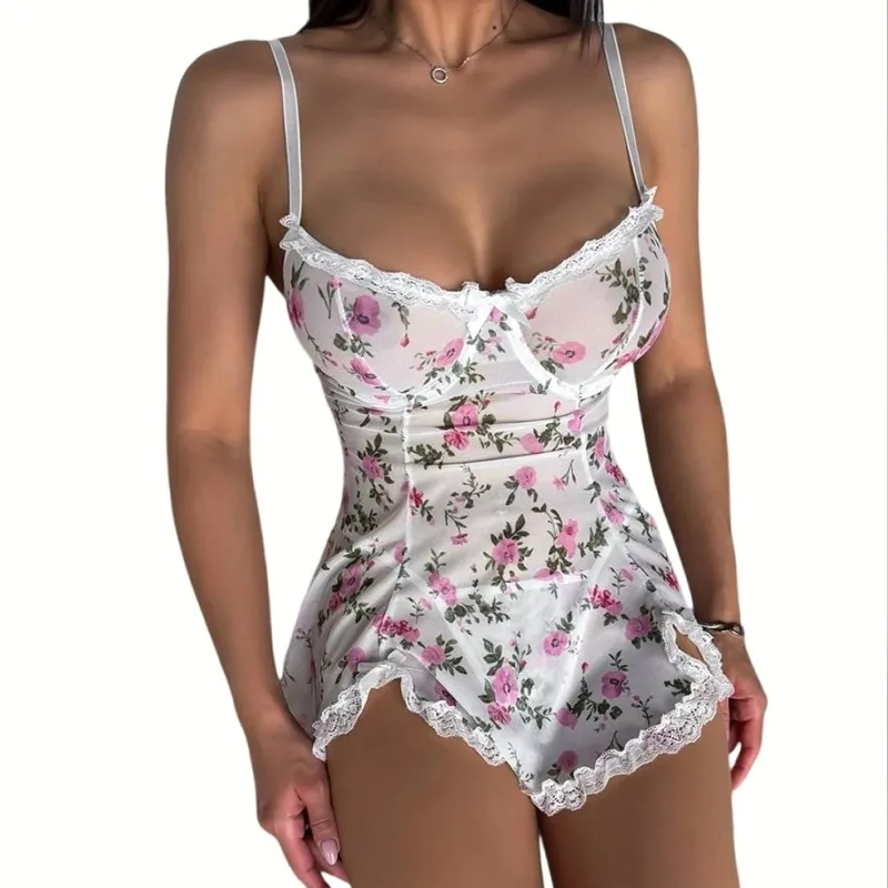 Tornova Sexy Nightgown with Small Floral Lace Stitching Hip-covering Suspenders Home Clothes Purelustful Style Sexy and Lingerie