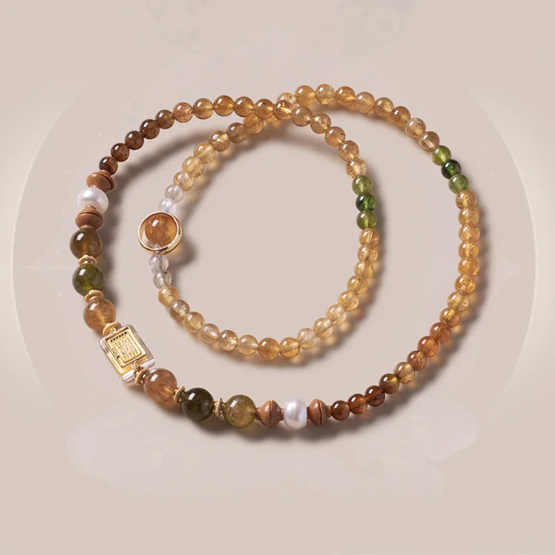 Natural Tourmaline 6mm Bracelet for Women, High-grade Pearls with Yellow Hair Crystal 4mm Bracelet with Multiple Circles